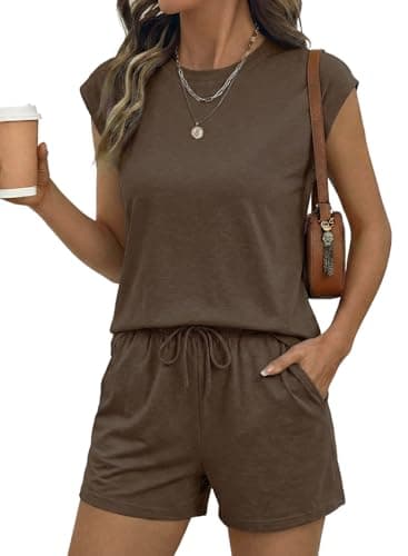 SHEWIN 2 Piece Sets for Women Summer Crew Neck Short Sleeve Shirts and Shorts Womens Loungewear Set Lightweight Beach Vacation Essentials Summer Sets for Women,(US 16-18) XL,Desert Palm - Image 1