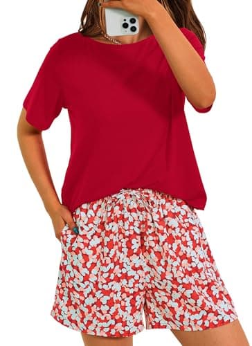 PRETTYGARDEN Women's Summer 2 Piece Outfits Lounge Sets Short Sleeve Tee Shirts Tops Blouses Pockets Printed Shorts Tracksuit (Red,XX-Large) - Image 1