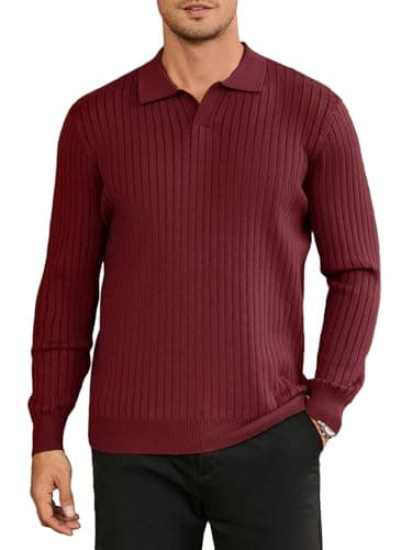Hardaddy Men's Ribbed Knit Sweater Casual Long Sleeve Polo Sweater Collared V Neck Polo Shirts Solid Pullover Tops Wine Red XL - Image 1