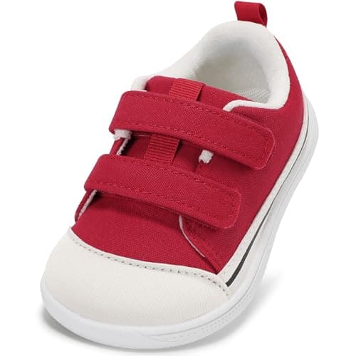 STQ Toddler Wide Toe Box Walking Shoes Girl Boy Sneakers Hook and Loops Barefoot Non-Slip Baby Shoe Red Size 4 - Image 1
