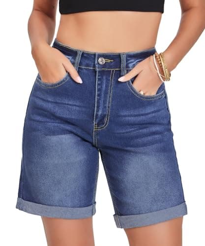 VIPONES Jean Shorts for Women 2026 Trendy High Waisted Stretchy Denim Shorts Baggy Rolled Up Casual Loose Fit Medium Blue Summer Shorts(583, XXL) - Image 1