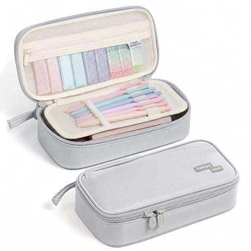 Four Candies Large Pencil Case, 5 Compartments Pen Organizer, Big Capacity Canvas Pencil Pouch Bag for School Supplies, Portable Stationery Holder for Teen Girls, Women (Light Gray) - Image 1