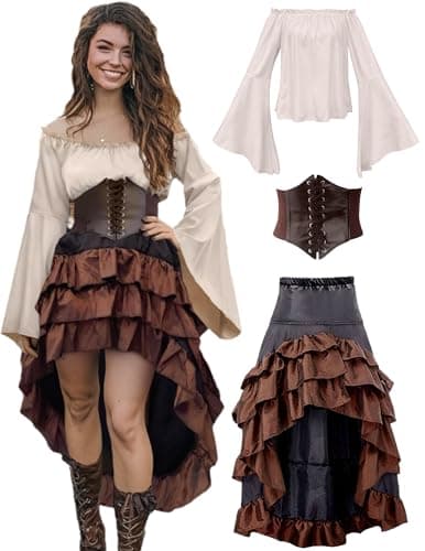 Verceco Pirate Costume Women with Renaissance Pirate Shirt Skirt Corset Waist Belt (Beige+Brown, XL) - Image 1