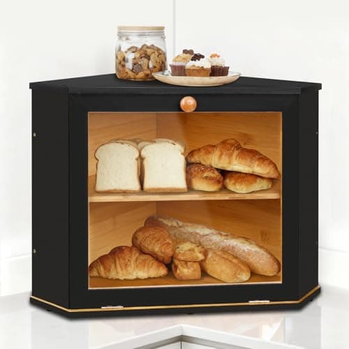 Bamboo Corner Bread Box for Kitchen Countertop - Double Layer Bread Storage with Clear Window, Black Wooden Bread Keeper Organizer for Homemade Bread, Under Cabinet Mount, Fits Countertop & Pantry - Image 1