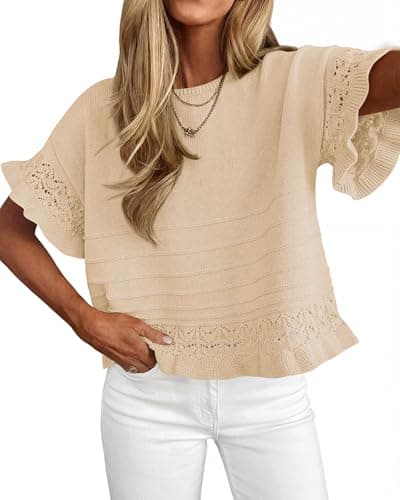 KIRUNDO Short Sleeve Sweater for Women 2026 Spring Summer Tops Crochet Round Neck Ruffled Hem Knit Pullover Casual Blouse(Apricot, XX-Large) - Image 1