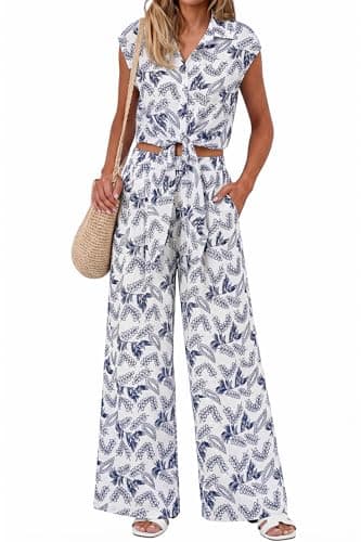 PRETTYGARDEN 2 Piece Sets For Women Summer Striped Button Down Tie Front Crop Tops Wide Leg Pants Floral Lounge Set 2026(Flower Navy,XX-Large) - Image 1