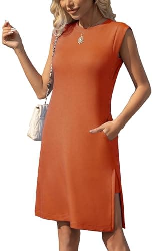 BEXIBOOM Women’s Wrinkle-Free Cap Sleeves Midi Dress with Pockets, Round Neck Loose Fit Side Slit Summer Dress for Work & Travel Orange Tan M - Image 1