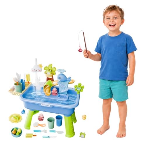 MeXYZ 2026 Upgraded Water Table for Toddlers 1-3, Kids Mini Play Sink Toys with Running Water & Electric Pump, Kitchen Sink Sensory Toy, Fishing Game Outdoor Water Play Table for Kids Ages 4-8, Blue