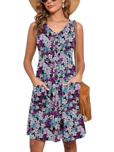 Heymoments Women Summer Dress Tricolor Blossoms XX-Large Sleeveless V Neck Casual Cute Loose Sundress Comfy Swing Button Down Midi Work Flowy Tunic Ladies Beach Vacation Teacher Dresses with Pockets - Image 1
