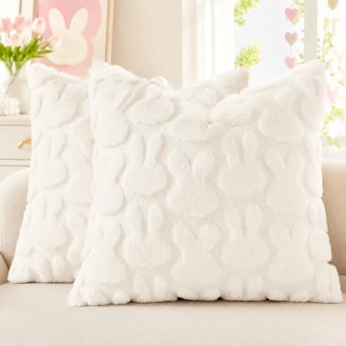 decorUhome Easter Bunny Pillow Covers 18x18 Inch Set of 2, Soft Plush Faux Wool Jacquard Cream White Rabbit Cushion Covers, Farmhouse Neutral Spring Easter Holiday Decor for Couch Sofa Bed