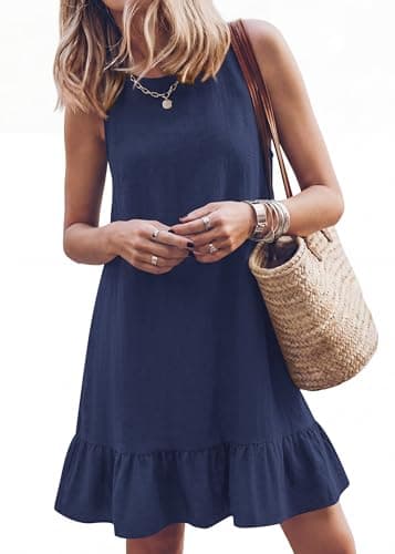 KIRUNDO Women's Casual Summer Dresses 2026 Spring Sleeveless Shift Tank Mini Dress Flowy Ruffle Hem Beach Vacation Sundress(Navy, Large) - Image 1