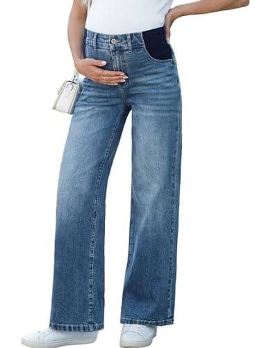 BLENCOT Women's Maternity Pants Wide Leg Plus Size Jeans Boyfriend Cotton Winter Casual Work Pregnancy Clothes with Pockets M Light Blue - Image 1