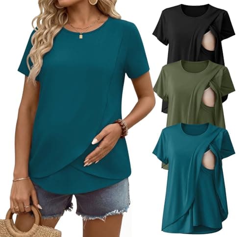 Ekouaer Nursing Shirts 3 Packs Short Sleeve Breastfeeding Tops Summer Maternity T Shirts Postpartum Double Layer Clothes Black/Army Green/Blue Green L - Image 1