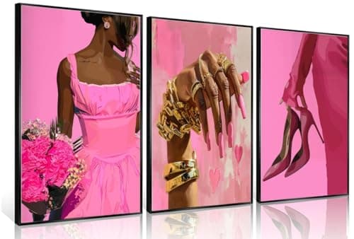 Black Girl Wall Art Set of 3 Pink Fashion African American Wall Decor Pictures Trendy Black Women Posters Prints for Living Room Bedroom Decoration Unframed 12x16in - Image 1