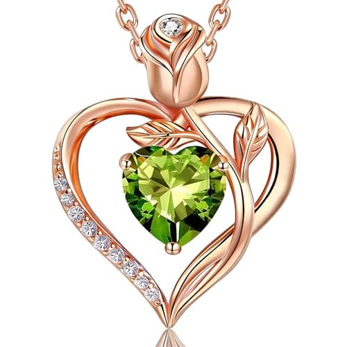 1.2CT Rose Heart Necklace Option of Moissanite or Lab-Grown Sapphire Ruby Emerald&More Necklace for Women Birthstone Girlfriend Necklace S925 Sterling Silver 18K White/Rose Gold Plated D Color VVS1 Gift for Wife Mother Daughter for Birthday Anniversary Mothers Day Necklace for Mom Engraved 'I LOVE YOU' Flower Floral Necklace (Aug Olive Green Rose Gold) - Image 1