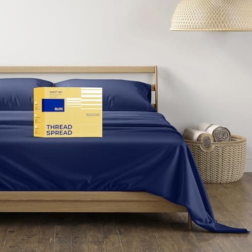 THREAD SPREAD Egyptian Cotton Sheets King Size - 600 Series Bliss Collection Sheets King Luxury Sheet King Size (4 PC, Navy Blue), 16" Deep Pocket, Soft, Cooling Sateen Hotel Bed Sheet Sets