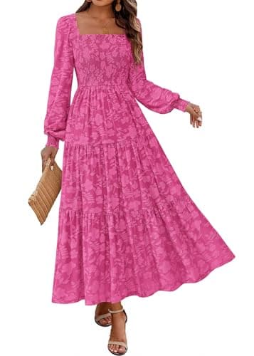 KIRUNDO Wedding Guest Dresses for Women 2026 Fall Long Sleeve Smocked Floral Flowy Spring Baby Shower Maxi Dress Pockets (Rose Red, Large) - Image 1