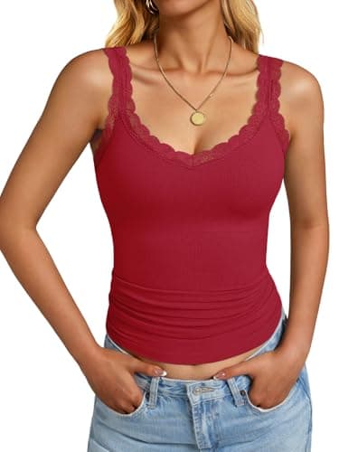 GKBK Tank Tops for Women Ribbed Slim Fit Camisole Sleeveless Lace Tank Tops Summer Casual Basic Tops Cute V Neck Soft Lace Trim Cami Undershirt Spring Clothes 2026 Fashion Outfits Red - Image 1