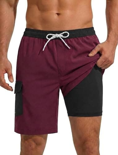 SILKWORLD Mens Bathing Suit Swim Trunks with Compression Liner Mens 2 in 1 Quick Dry 9 Inch Shorts Wine Red L