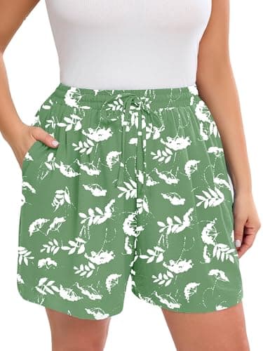 AusLook Plus Size Women's Casual Wide Leg Shorts 2X White Flower Green Lightweight High Waisted Adjustable Tie Knot Loose Summer Baggy Short Pants with Pockets - Image 1