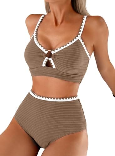 Herseas Women's High Waisted Bikini Sets Beach Summer 2 Piece Textured Padded Swimuits 2026 O Ring Whip Stitch Full Coverage Teen Girls Bathing Suits Vintage Khaki Holiday Outfits X-Small - Image 1