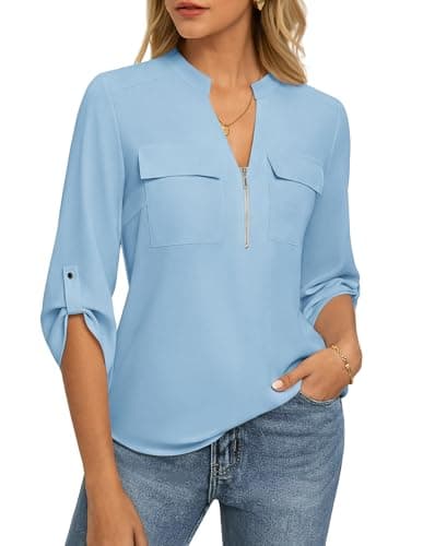 Womens Business Casual Tops,3/4 Sleeve Henley Shirts with Zip Up,Office Work Blouses Lightweight Summer Blue S - Image 1