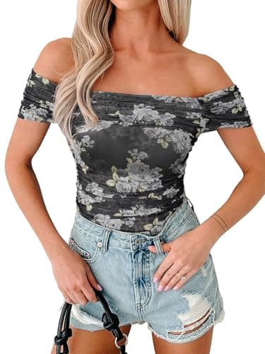 Glamaker Women Off The Shoulder Mesh Tops 2026 Summer Floral Sheer Short Sleeve Ruched Fitted Going Out Y2k Shirts Blouses Black Rose M - Image 1