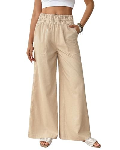 Bsubseach Linen Palazzo Pants for Women Cotton Casual Wide Leg Pants Woman Elastic Waist Summer Trousers with Pockets Khaki XL - Image 1