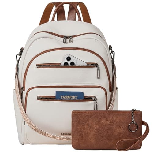 LATMAP Backpack Purse for Women Laptop Backpack, Leather Travel Back Pack Shoulder Bag Teacher College Daypack Work Handbag fits 14" Laptop, Beige - Image 1