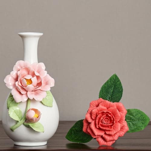 Handmade Pinched Flowers Ceramic Vase with One Ceramic Rose Flower, Home Decor Ceramic Vase for Dining Table, Living Room, Kitchen, Bedroom, Shelf, Office, Coffee Table, Restaurant & Fireplace Mantel