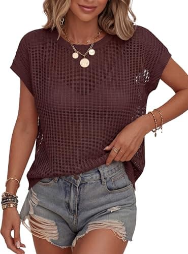 KIRUNDO Crochet Tops for Women 2026 Summer Beach Vacation Clothes Cover Up Mesh Top Lightweight Sweater Cruise Resort Wear(Brown, Small) - Image 1