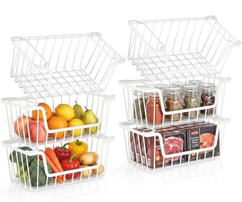 SUNALLY Stackable Storage Bins 6 Pcs Wire Baskets for Pantry Organizers and Storage, Vegetable Fruit Storage Basket for Countertop Organizer,Kitchen Storage Baskets for Onion Potato Snack,White - Image 1