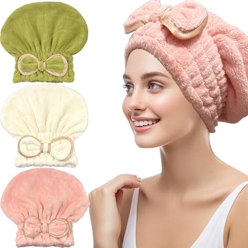 Jseng 3Packs Microfiber Hair Towel for Women - Quick-Drying, Super Absorbent Hair Wrap with Bow Design, Soft Hair Towel Turban for Curly Long Wet Hair - Image 1