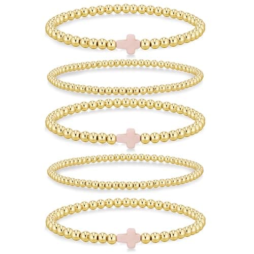 Yoosteel Gold Beaded Bracelets Set for Women - Easter Gifts 14k Gold Plated Dainty Round Beaded Cross Bracelet for Women Simplicity Stackable Jewelry Gifts(5 Pcs) - Image 1