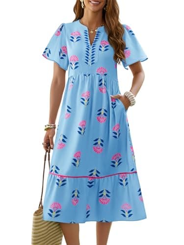 Wenrine Womens Summer Floral Midi Dress Casual Short Sleeve V Neck Flowy Ruffle Boho Beach Sundress with Pockets Light Blue - Image 1
