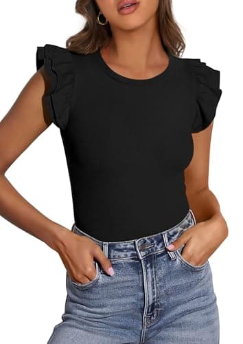 PRETTYGARDEN Womens Summer Crew Neck T Shirts 2026 Trendy Ruffle Sleeve Slim Fit Knit Going Out Tops Casual Spring Clothes (Black,X-Large) - Image 1