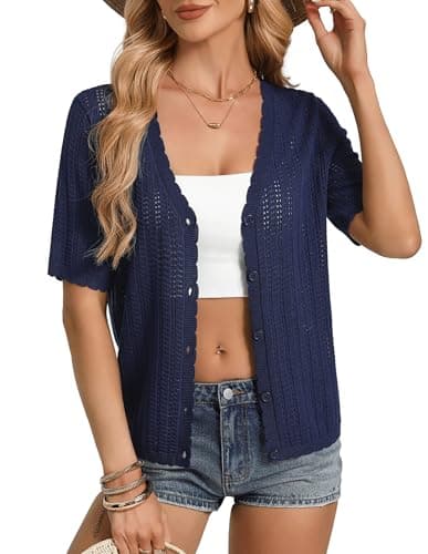 GRACE KARIN Women Short Sleeve Cropped Cardigan Sweaters Summer Lightweight Shrugs Trendy Button Crochet Tops Navy Blue M - Image 1
