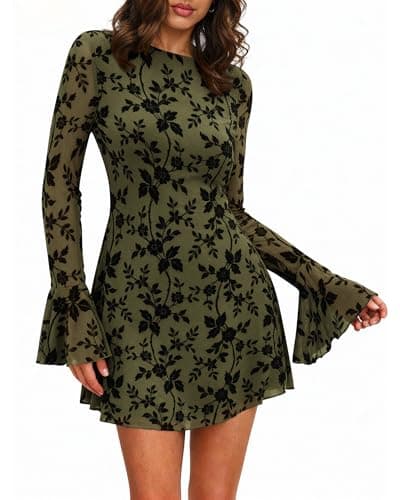 BTFBM Women Floral Wedding Guest Dress Spring 2026 Casual Long Sleeve Crew Neck Flowy Party Cocktail Mini Dresses(Floral Army Green,Large) - Image 1