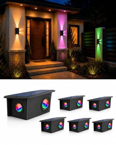 T-SUN Solar Wall Lights Outdoor 6 Pack, RGB Up Down & Side Solar Wall Sconce, 8 Modes Color Changing 3000K Warm White, IP65 Waterproof Solar Powered Wall Lights for Front Door Porch Patio Garage - Image 1