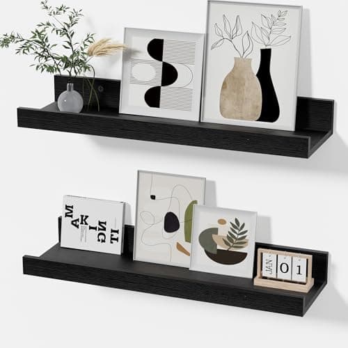 Modcraft Black Floating Shelves with Lip 16 Inch, Wall Mounted Picture Ledge Shelf for Bathroom & Bedroom, Rustic Wood Display Shelf for Photos, Frames & Collectibles, Set of 2 - Image 1