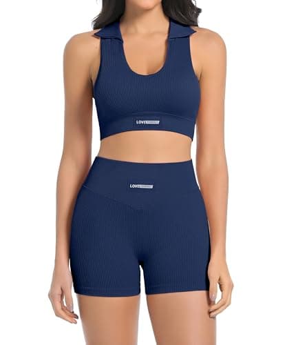 Workout Sets Women 2 Piece Seamless Ribbed Stretch Polo Collar Sports Bra Scrunch Butt Lifting Workout Shorts Stretchy Breathable Gym Yoga Set - Image 1