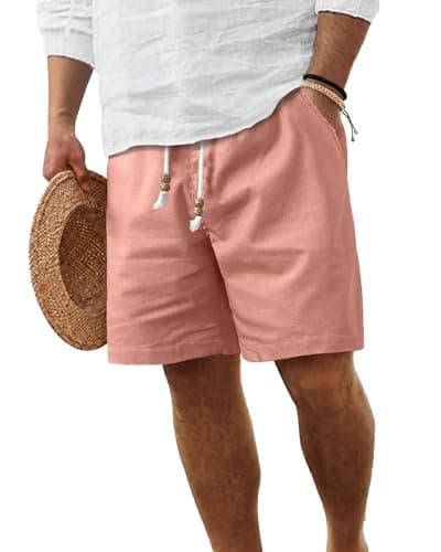 ZKMAN Mens Linen Shorts Casual Classic Drawstring Elastic Waist Pocket Summer Beach Shorts(Flamingo M) - Image 1
