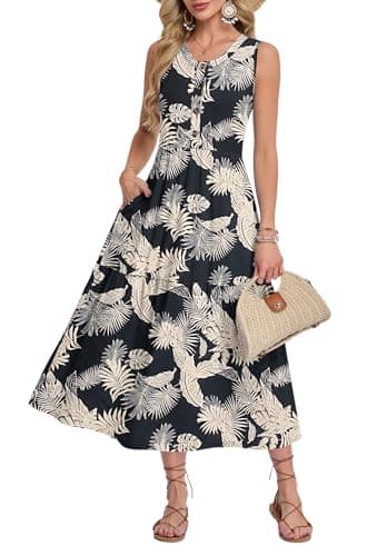 MOLERANI Summer Maxi Dresses for Women 2026 Vacation Sleeveless Loose Long Beach Dress Casual Button Down Sundresses with Pockets,Rainforest Leaf-S - Image 1