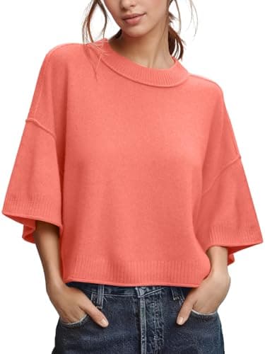 ZDC Women's Oversized Sweaters Summer Short Sleeve Casual Cropped Tops Lightweight Loose Fit Knit Pullover Orange - Image 1