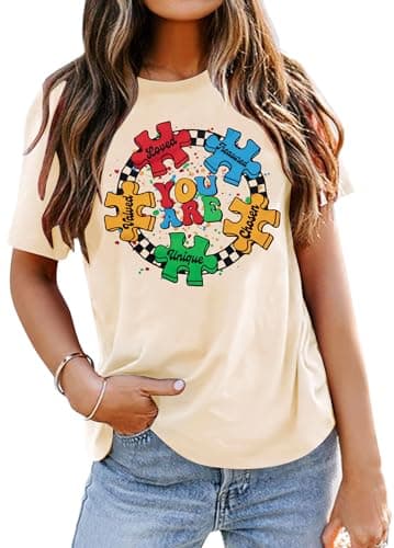 Autism Awareness T Shirt Women Autistic Support Graphic Tee Shirt Casual Puzzle Piece Bleached Tee Tops Apricot - Image 1