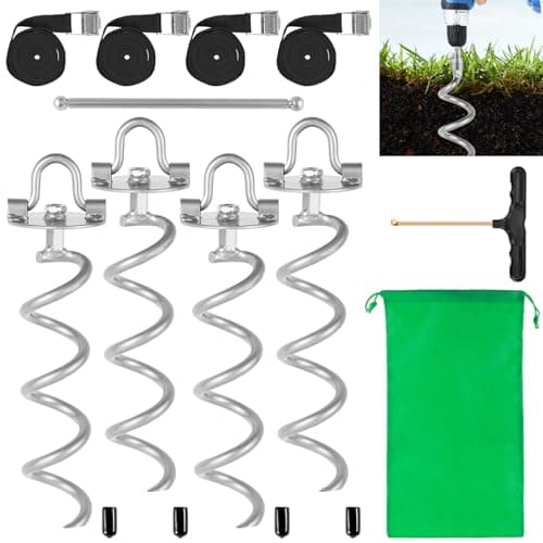 MIXXIDEA Gound Anchors Screw in, Metal Spiral Earth Anchors Kit, Heavy Duty Folding Ring Spiral Stake with Straps, Ground Stakes for Tent (Silver, 11.4 Inch with 92in Strap) - Image 1