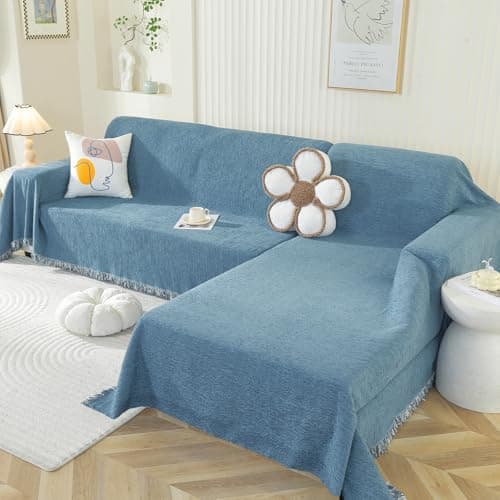 OstepDecor Sectional Couch Covers 2 Pieces, L Shaped Sofa Cover, Chenille Couch Cover for Dogs Washable, Couch Cover Blanket, Sofa Slipcover for 2-3 Cushion Couch (71"x118"+91"x134", Blue) - Image 1