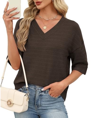 WIHOLL Business Casual Outfits for Women 3/4 Length Sleeve Sweaters Lightweight V Neck Spring Tops Office Work Blouses Dressy Summer Fashion Womens Clothing Chocolate Brown XL - Image 1