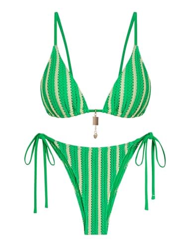 ZAFUL Green Crochet Beads Bikini Sets for Women Cheeky Tropical Boho Bathing Suits Striped Brazilian High Cut Knit Swimsuit for Vacation Resort Wear 2026 S - Image 1