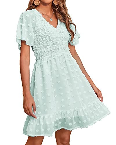 BTFBM Womens Beach Vacation Dress Summer 2026 V Neck Short Sleeve Smocked Swiss Dot Ruffle Casual Mini Spring Dresses(Light Green, Small) - Image 1